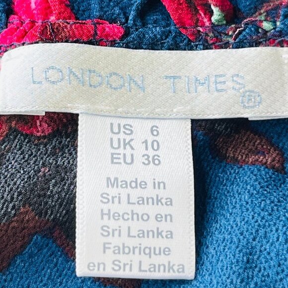 London Times Floral Smocked Bodice A-Line Midi Dress Size 6 Navy Floral - Picture 8 of 13